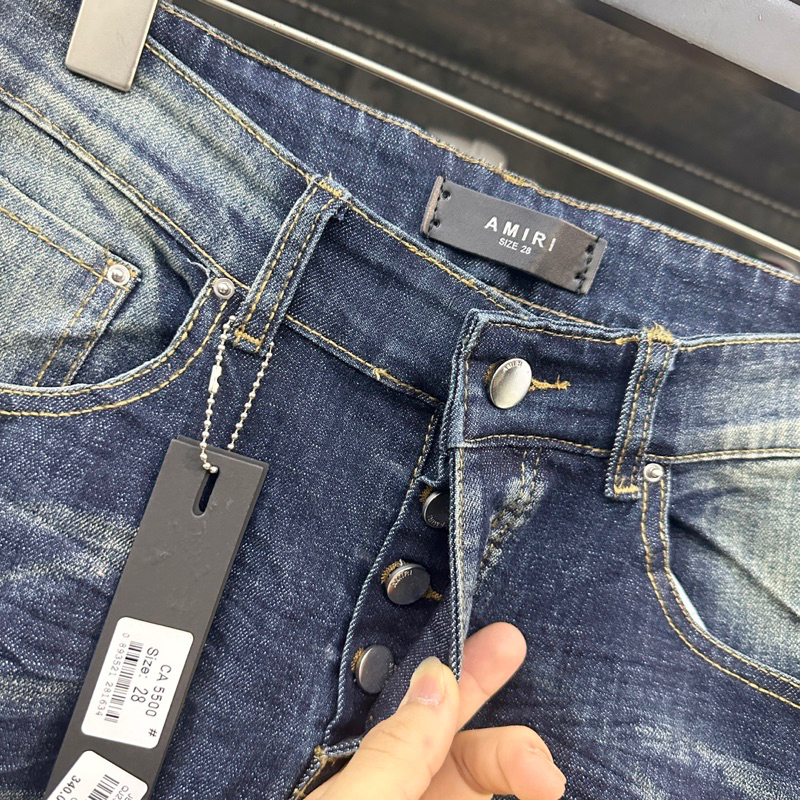 Quần AMIRI Xanh Vá Da Nhăn Tua Xước Bản Chuẩn 4 Khuy - Quần bò nam Amiri slimfit 4 cúc bản like_Au xanh sẫm