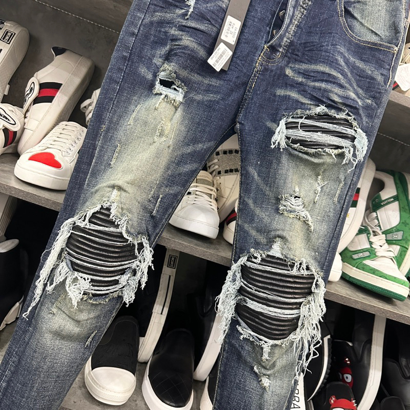 Quần AMIRI Xanh Vá Da Nhăn Tua Xước Bản Chuẩn 4 Khuy - Quần bò nam Amiri slimfit 4 cúc bản like_Au xanh sẫm