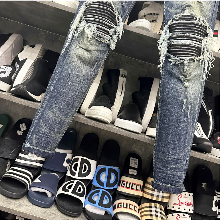 Quần AMIRI Xanh Vá Da Nhăn Tua Xước Bản Chuẩn 4 Khuy - Quần bò nam Amiri slimfit 4 cúc bản like_Au xanh sẫm