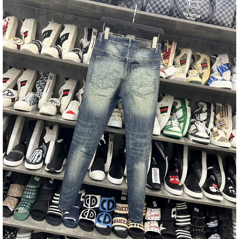 Quần AMIRI Xanh Vá Da Nhăn Tua Xước Bản Chuẩn 4 Khuy - Quần bò nam Amiri slimfit 4 cúc bản like_Au xanh sẫm