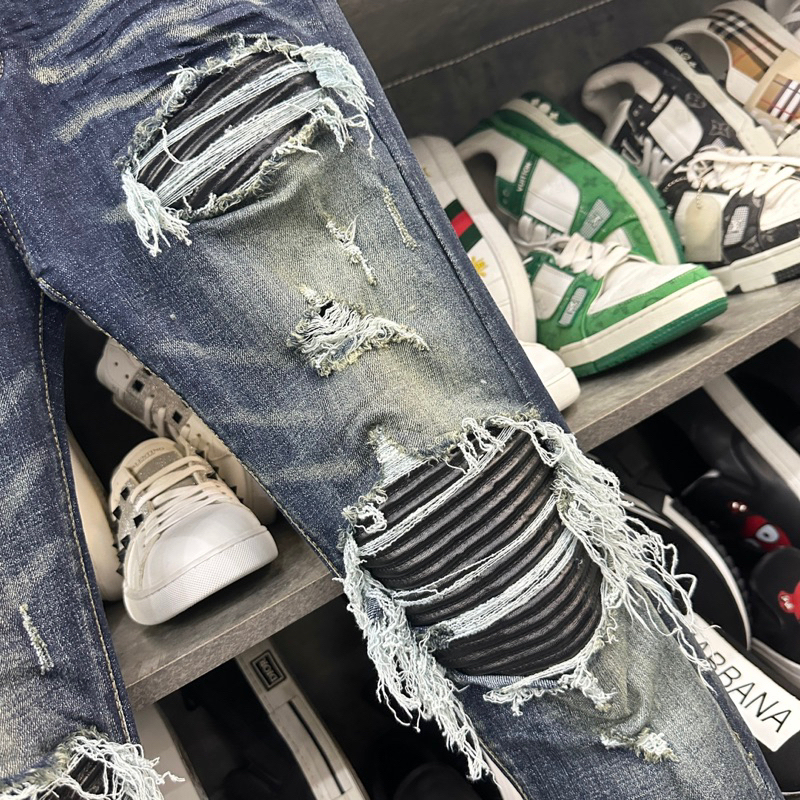 Quần AMIRI Xanh Vá Da Nhăn Tua Xước Bản Chuẩn 4 Khuy - Quần bò nam Amiri slimfit 4 cúc bản like_Au xanh sẫm