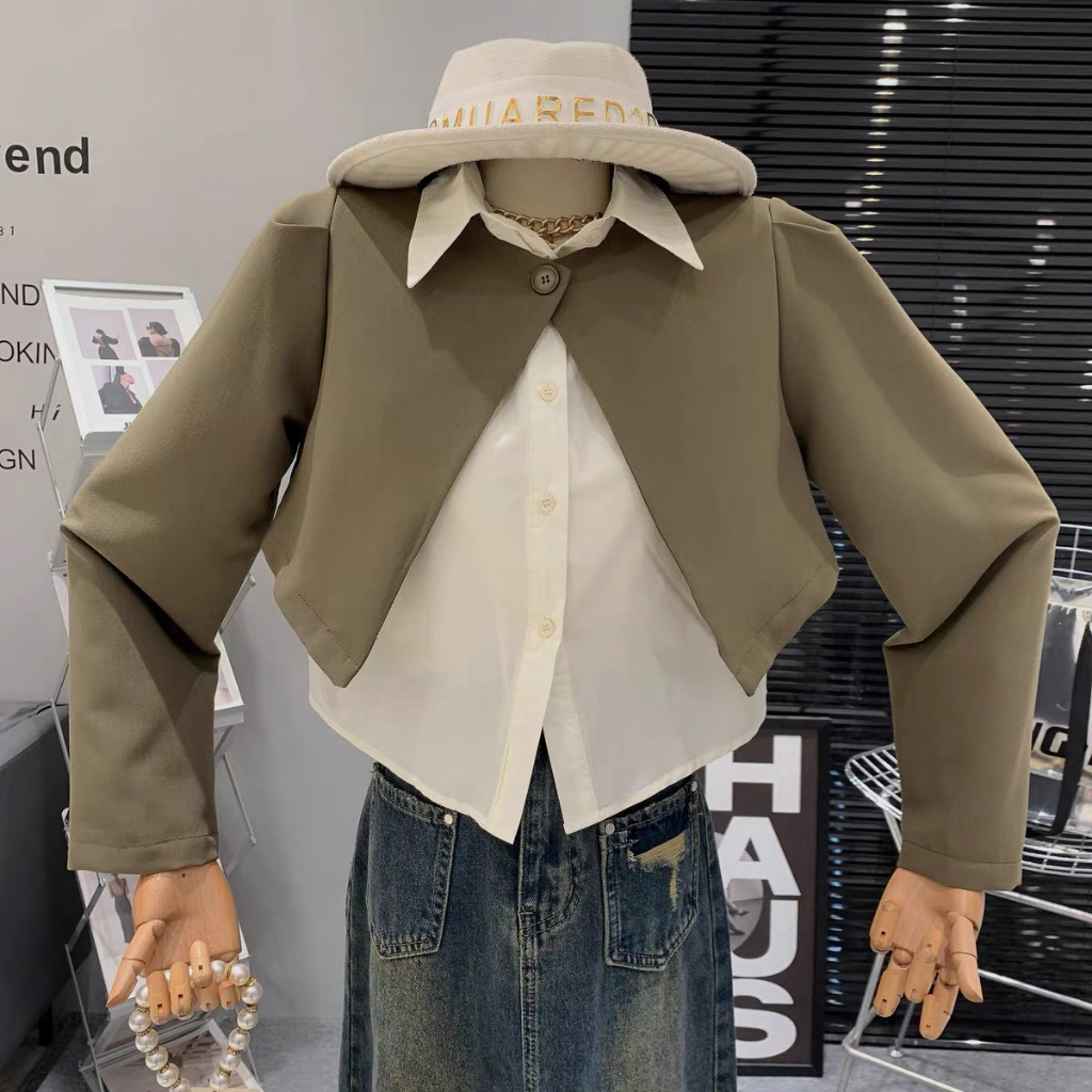 Sơ mi nữ phối blazer dài tay, blazer dáng croptop tay dài thiết kế 1 cúc phối sơ mi cổ bẻ sang chảnh huyenstore.23