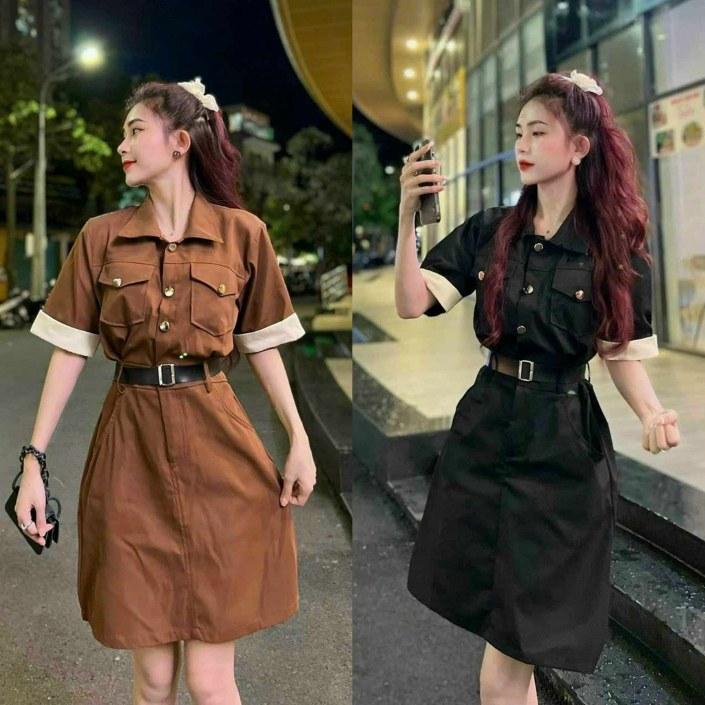 Đầm Nữ dự tiệc cổ sơ mi phối túi nút, eo kèm nịt có viền tay sang trọng