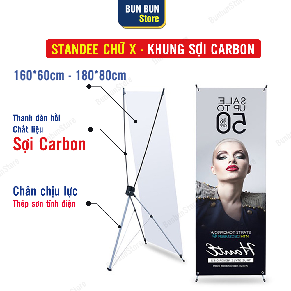 Khung Standee Chữ X 160*60cm, 180*80cm - Thanh đàn hồi Sợi Cacbon siêu nhẹ, siêu bền đẹp