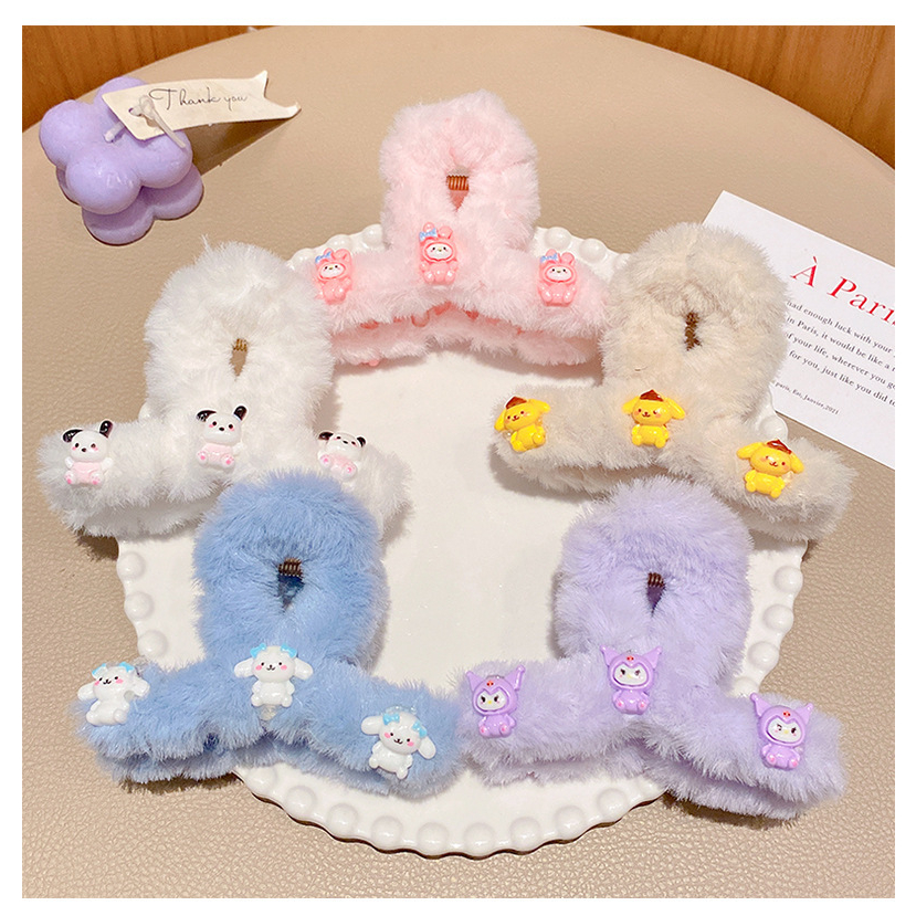 Kẹp tóc càng cua phủ lông nhung đính charm Toy Story Gấu Lotso/Melody/Kuromi gam màu pastel phong cách Hàn Quốc