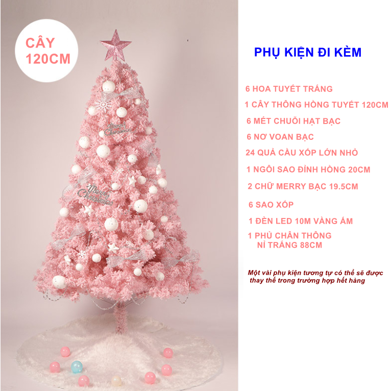 Cây Thông Hồng Phủ Tuyết SET03 CAO 1.2 MÉTFull Phụ Kiện Cây Thông Trang Trí Noel