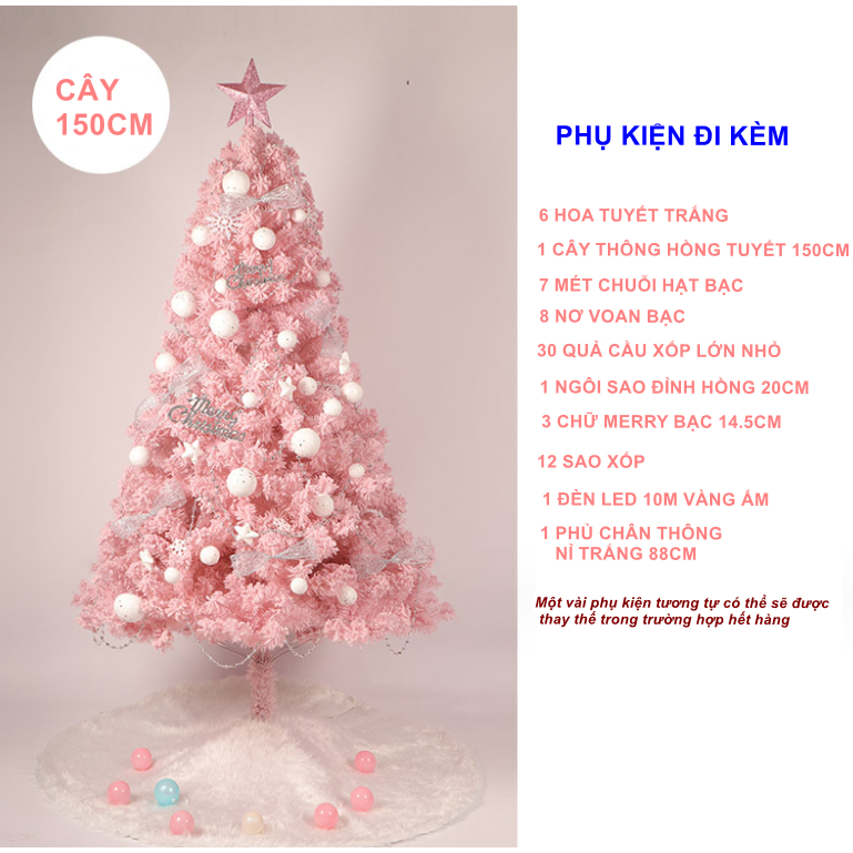 Cây Thông Hồng Phủ Tuyết SET03 CAO 1.5 MÉT Full Phụ Kiện Cây Thông Trang Trí Noel