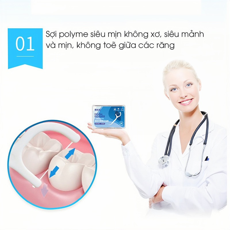 Tăm chỉ nha khoa, hộp 50 cái tăm chỉ nha khoa, hàng loại 1 dai mịn không bị xơ khi dùng.