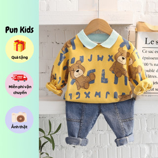 Set áo polo nỉ gấu vàng cute kèm quần bò chất mềm đẹp cho bé BD65