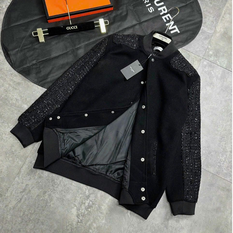 Áo khoác bomber nam nữ Thome vải dạ thêu sọc kẻ xanh trắng đỏ ống tay lót gió 2 lớp đan kim tuyến đen Siêu Chất Hottrend