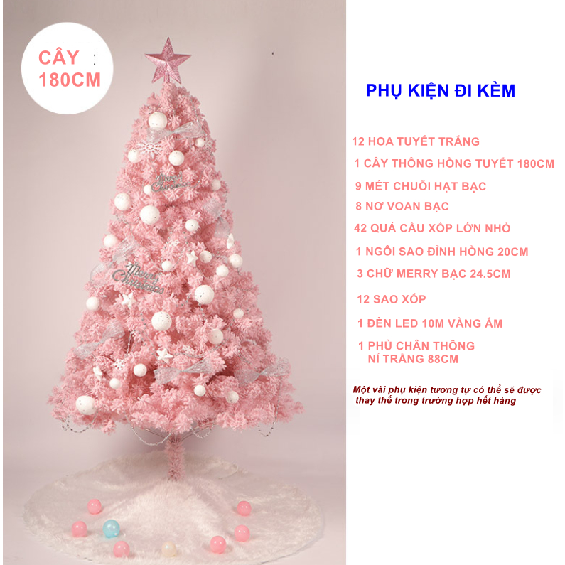 Cây Thông Hồng Phủ Tuyết SET03 CAO 1.8 MÉT Full Phụ Kiện Cây Thông Trang Trí Noel