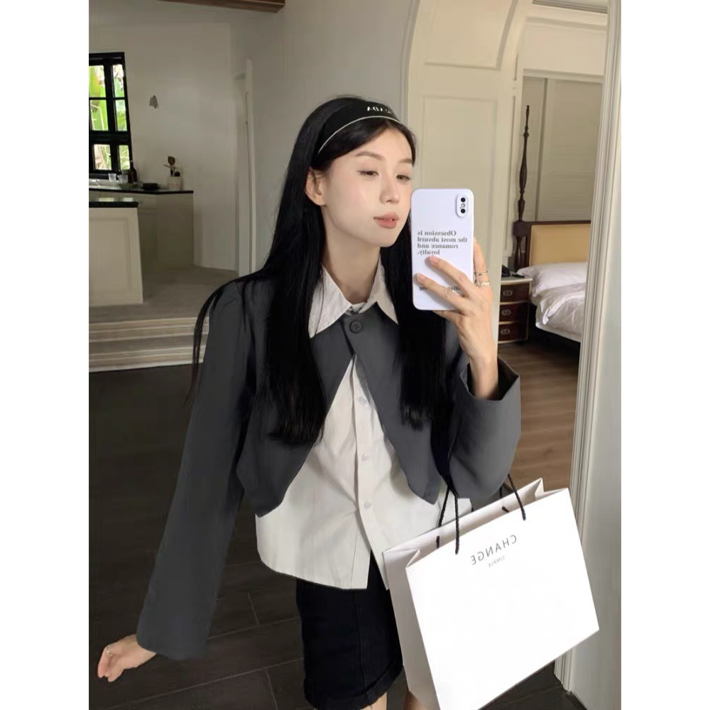 áo blazer nữ phối sơ mi cổ bẻ, sét sơ mi nữ phối blazer 1 cúc dài tay phong cách hàn quốc 3 màu