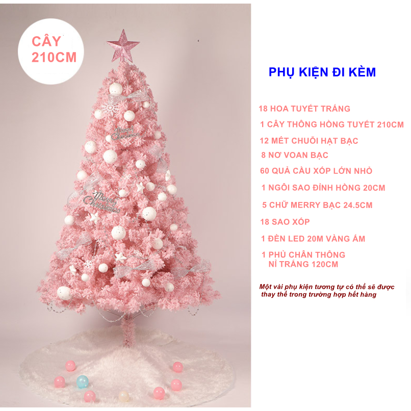 Cây Thông Hồng Phủ Tuyết SET03 CAO 2.1 MÉT Full Phụ Kiện Cây Thông Trang Trí Noel