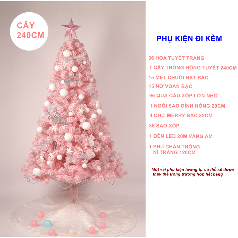 Cây Thông Hồng Phủ Tuyết SET03 CAO 2.4 MÉT Full Phụ Kiện Cây Thông Trang Trí Noel