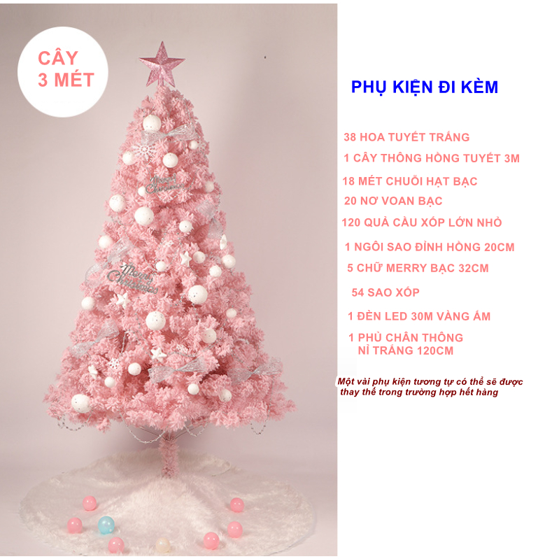 Cây Thông Hồng Phủ Tuyết SET03 CAO 3 MÉT Full Phụ Kiện Cây Thông Trang Trí Noel