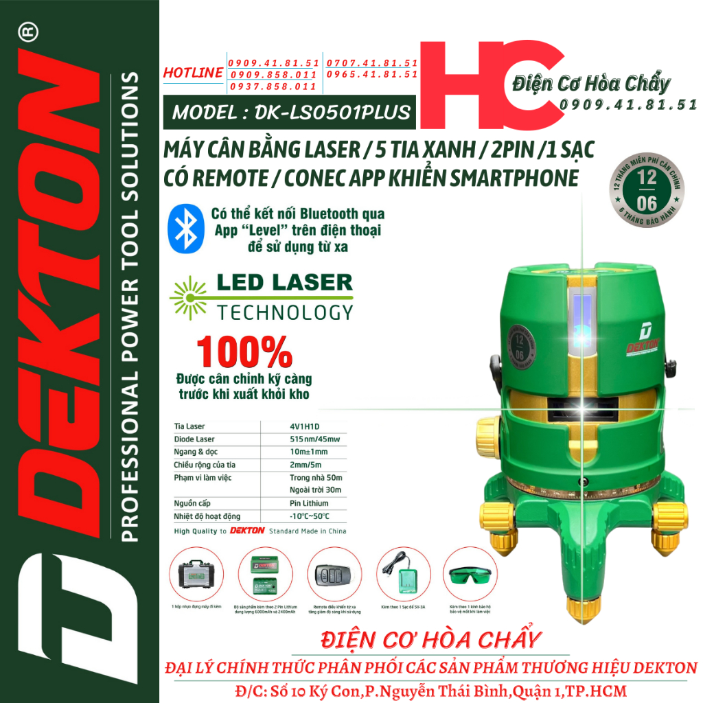 Máy Bắn Cốt - Cân Mực - Cân Bằng laser Dekton / DK - LS0501PLUS / 5 Tia Xanh / Điều Khiển Remote OR Smartphone