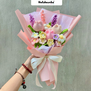 (Hàng sẵn) Hoa Len lưu ly,tulip mix lavender, bó hoa len tặng tốt nghiệp, người yêu handmade, hoa len handmade