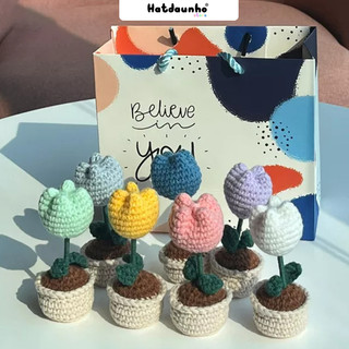 (Hàng sẵn) Chậu Hoa Mini Tulip/ Hoa Hướng Dương Đan Móc Len Handmade Làm Qùa Tốt Nghiệp, Hoa tặng người yêu handmade