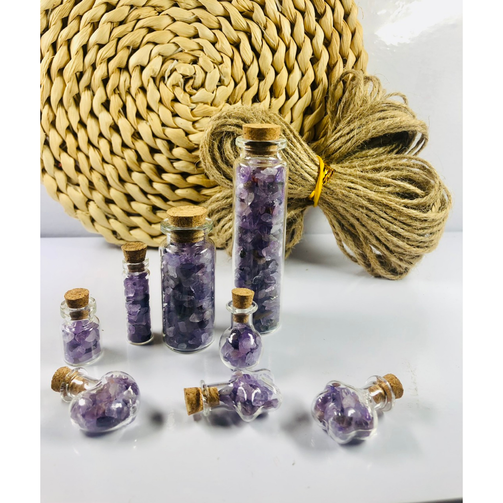 Lọ Đá Vụn Thạch Anh Tím Trang Trí Tặng Kèm 20cm Dây Thừng Trang Trí