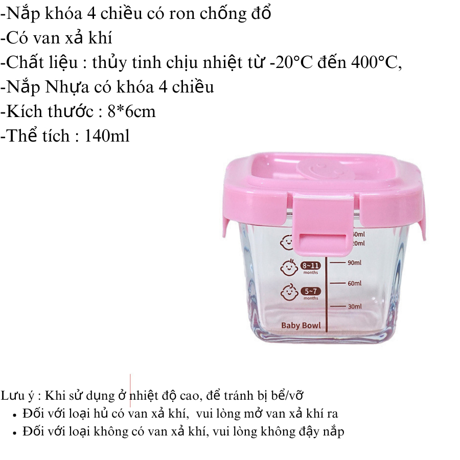 Hộp Thủy Tinh Trữ Đông Thực Phẩm, Cốc Nấu Cháo Thủy Tinh An Toàn Chịu Nhiệt Tốt Nắp Khóa 4 Chiều Chống Đổ Cho Bé Ăn Dặm
