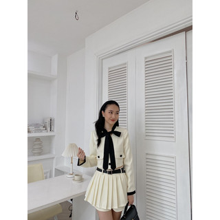 Set dạ tex cổ phối nơ kèm đai 231