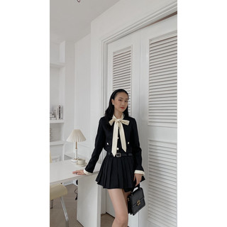 Set dạ tex cổ phối nơ kèm đai 231