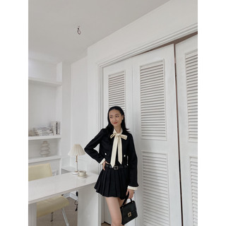 Set dạ tex cổ phối nơ kèm đai 231