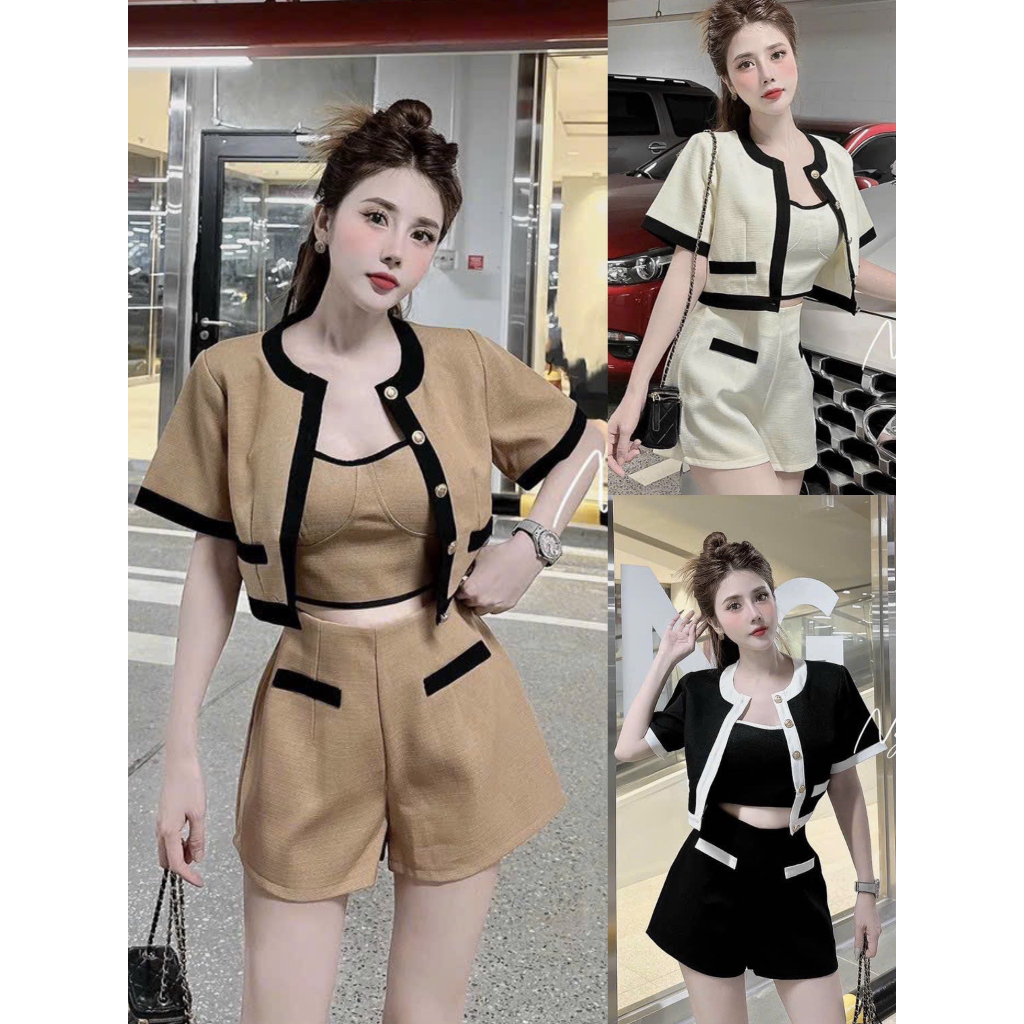 Sét bộ Dạ 3 món phối viền gồm áo khoác tay ngắn kèm áo dây mix quần short siêu xinh, cá tính Gs0181