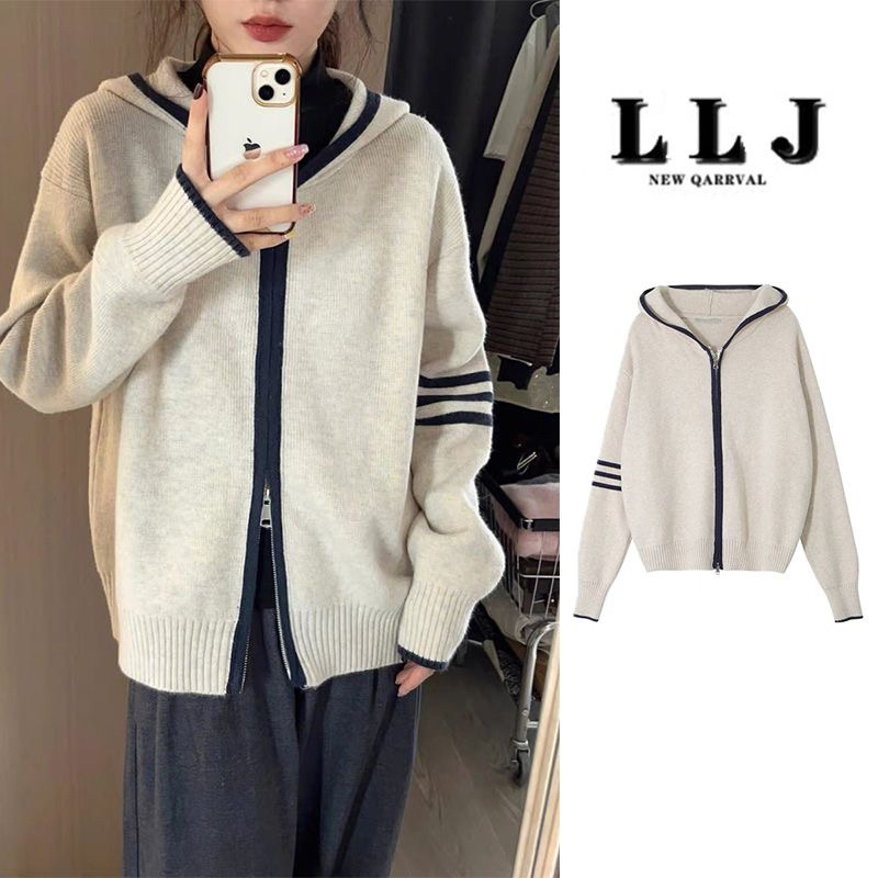 Áo len cardigan khoá zip Áo khoác dáng rộng có mũ Jinoz thời trang thu đông 2023