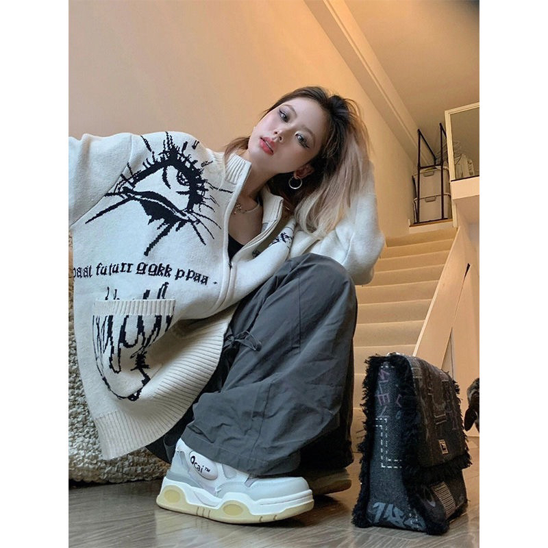 Áo khoác len EYES khoá zip dáng rộng có túi thời trang nam nữ 2023