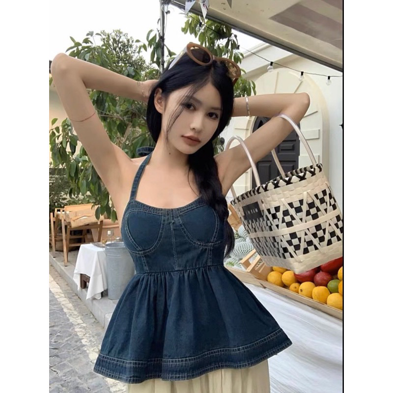 SALE XẢ HÀNG Áo jean bò yếm dáng xoè chun sau