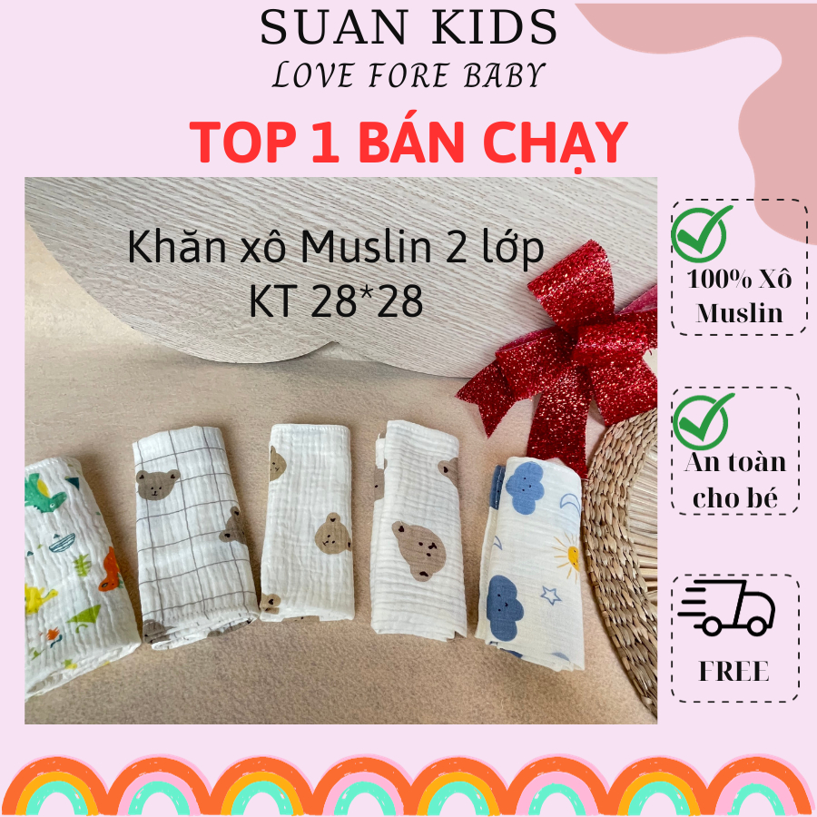 Khăn sữa sơ sinh, khăn mặt cho bé vải Muslin cao cấp 2 lớp, mềm mịn thấm hút nhanh - SUAN KIDS