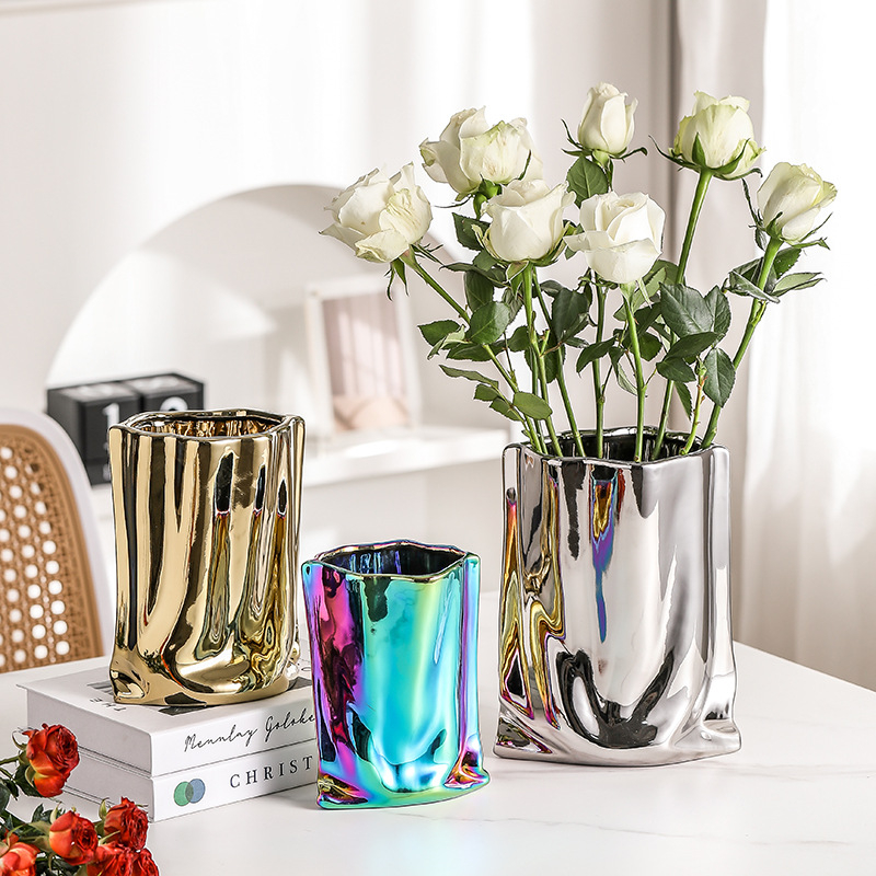 Bình Lọ Hoa Sứ mạ vàng bạc Hình TÚI decor trang trí nhà