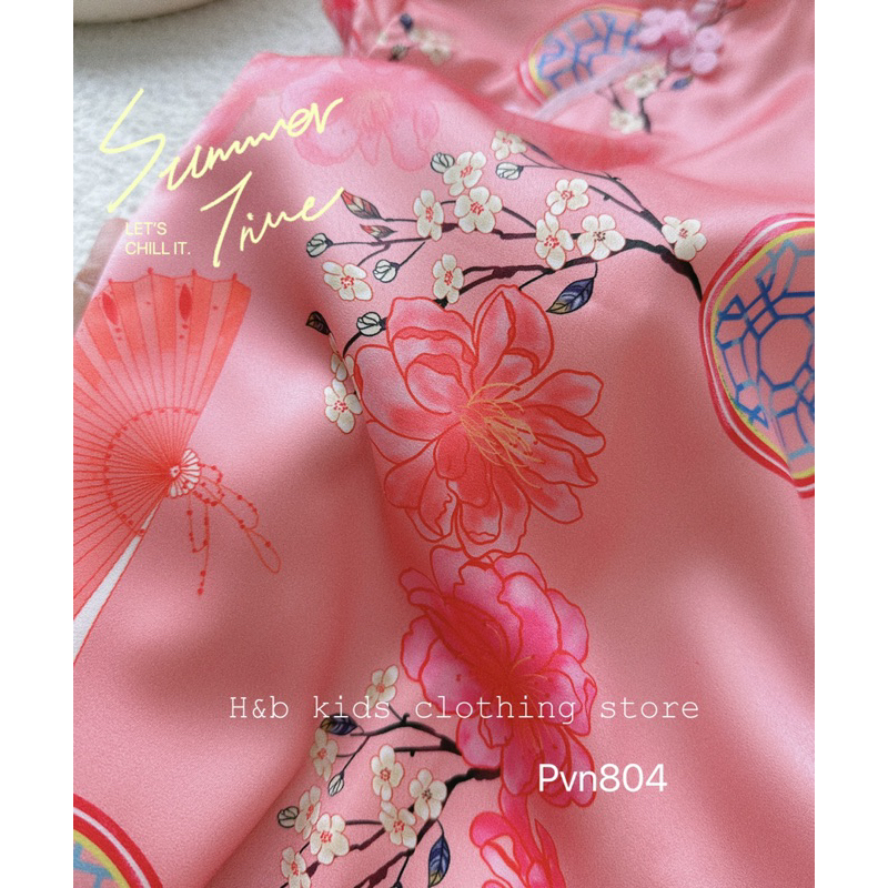 Váy đầm sườn xám hồng hoa mai trắng cho bé gái