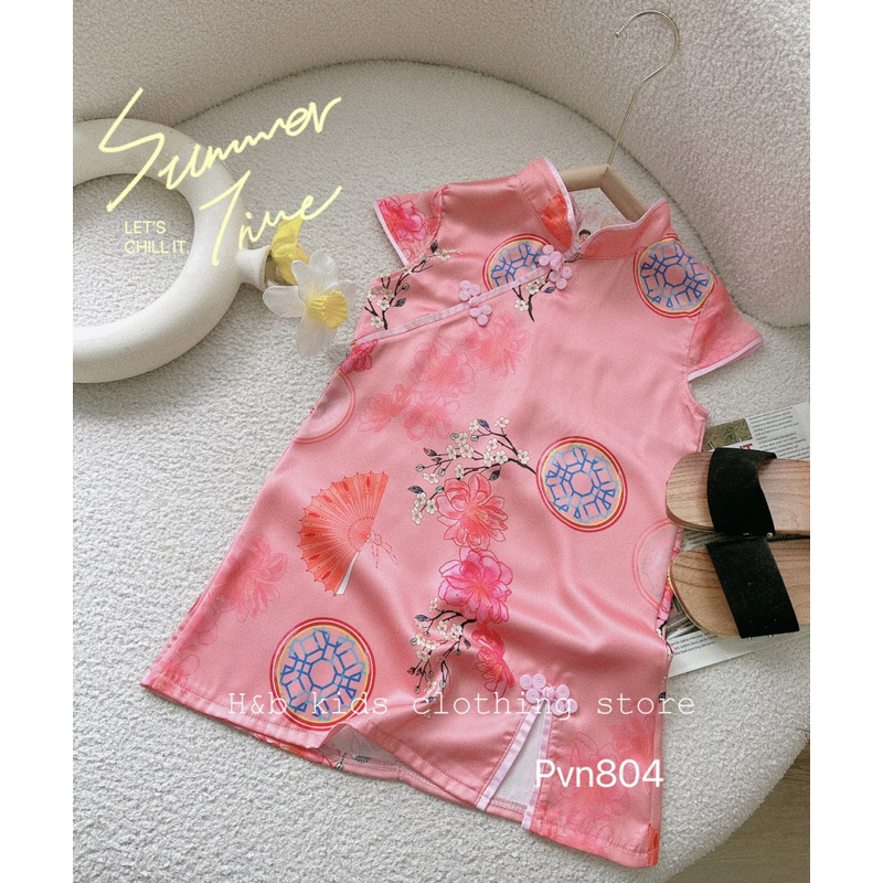 Váy đầm sườn xám hồng hoa mai trắng cho bé gái