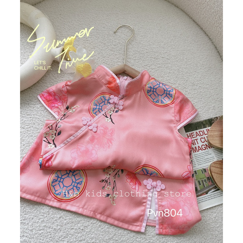 Váy đầm sườn xám hồng hoa mai trắng cho bé gái