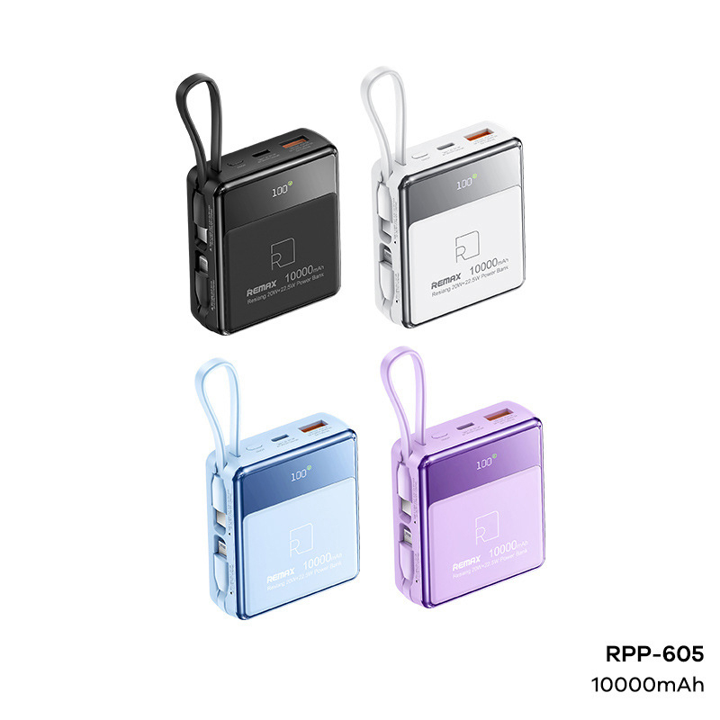 Pin dự phòng siêu nhỏ Remax RPP-605 Resiang 10000mAh tích hợp 2 cáp sạc nhanh - hỗ trợ QC 22.5W và PD 20W