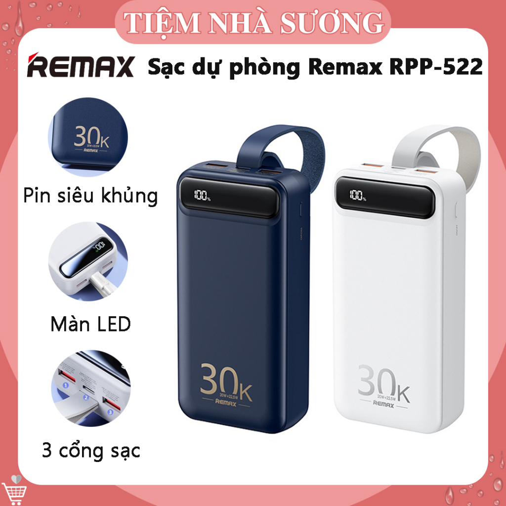 Sạc dự phòng Remax RPP-522, 30000mAh, sạc nhanh, nhiều thiết bị cùng lúc, màn LED tiện dụng