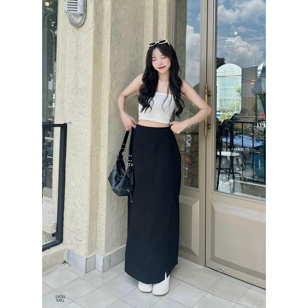 Chân váy kaki dài xẻ tà khóa hông hottrend phong cách cá tính CHIBEST LVC91