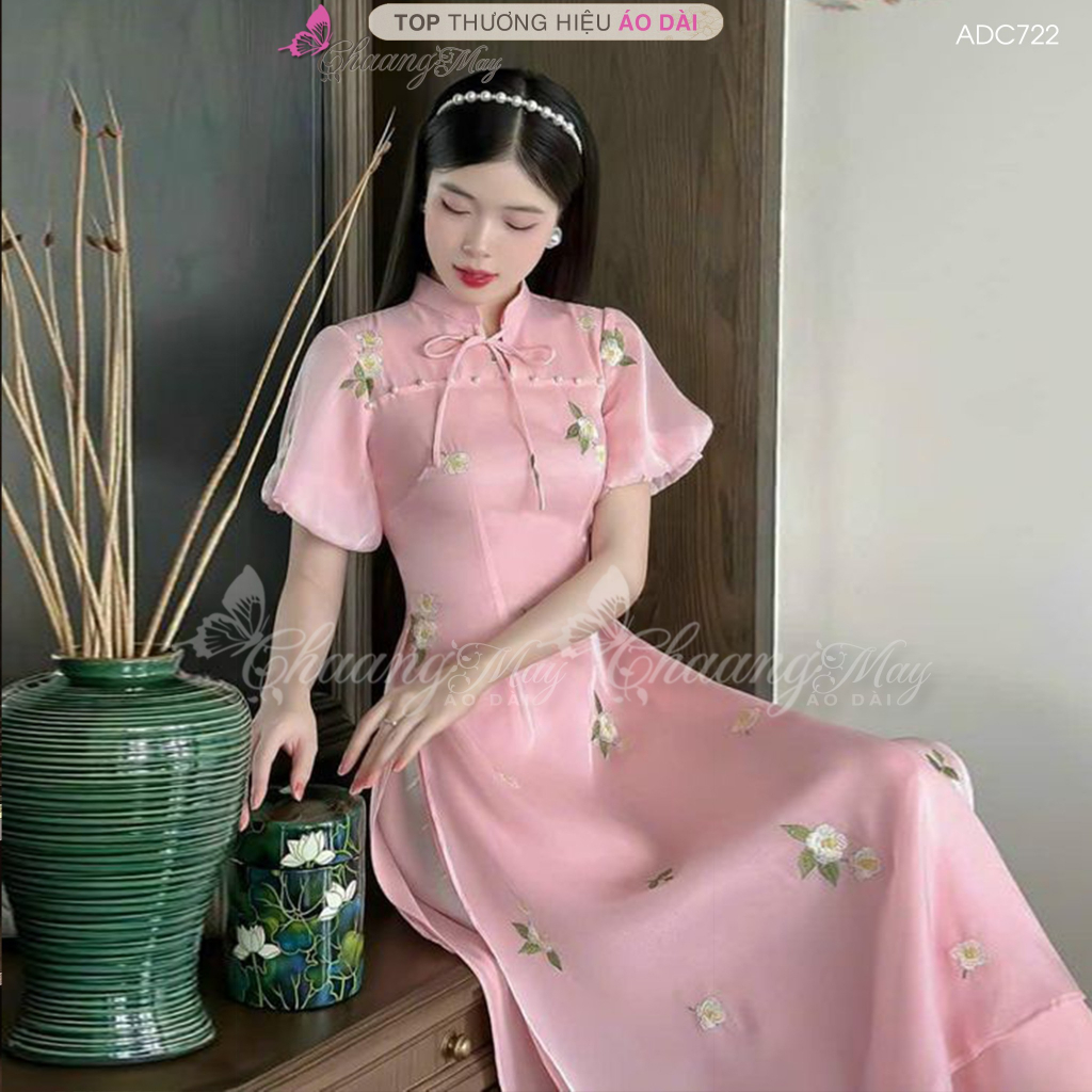 Áo dài thêu hoa nhí tiểu thư cách tân nữ Chaang may sẵn áo dài 4 tà lụa tơ kim sa đỏ hồng kem dự tiệc lễ tết đẹp ADC722