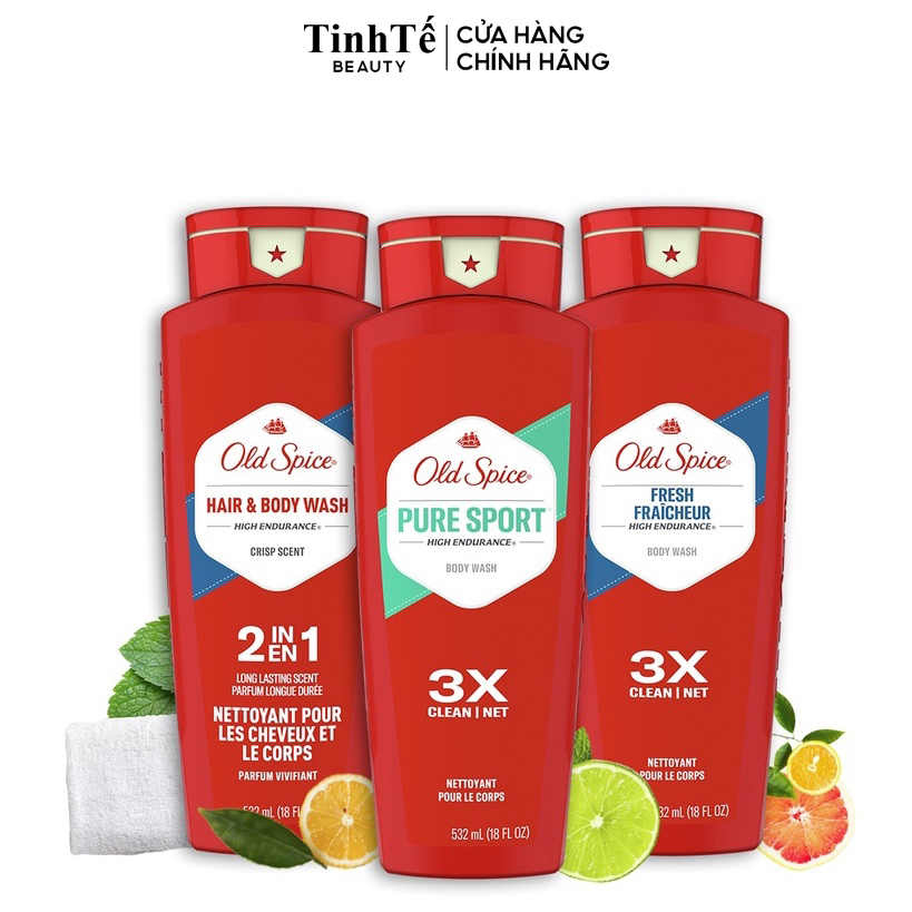 Sữa tắm cao cấp dạng Gel cho nam Old Spice 532ml chính hãng của Mỹ Crisp Scent 2N1 | Fresh Fraicheur | Pure Sport