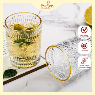 Cốc thủy tinh EVELYN viền vàng cao cấp, vân họa tiết mặt trời - C01