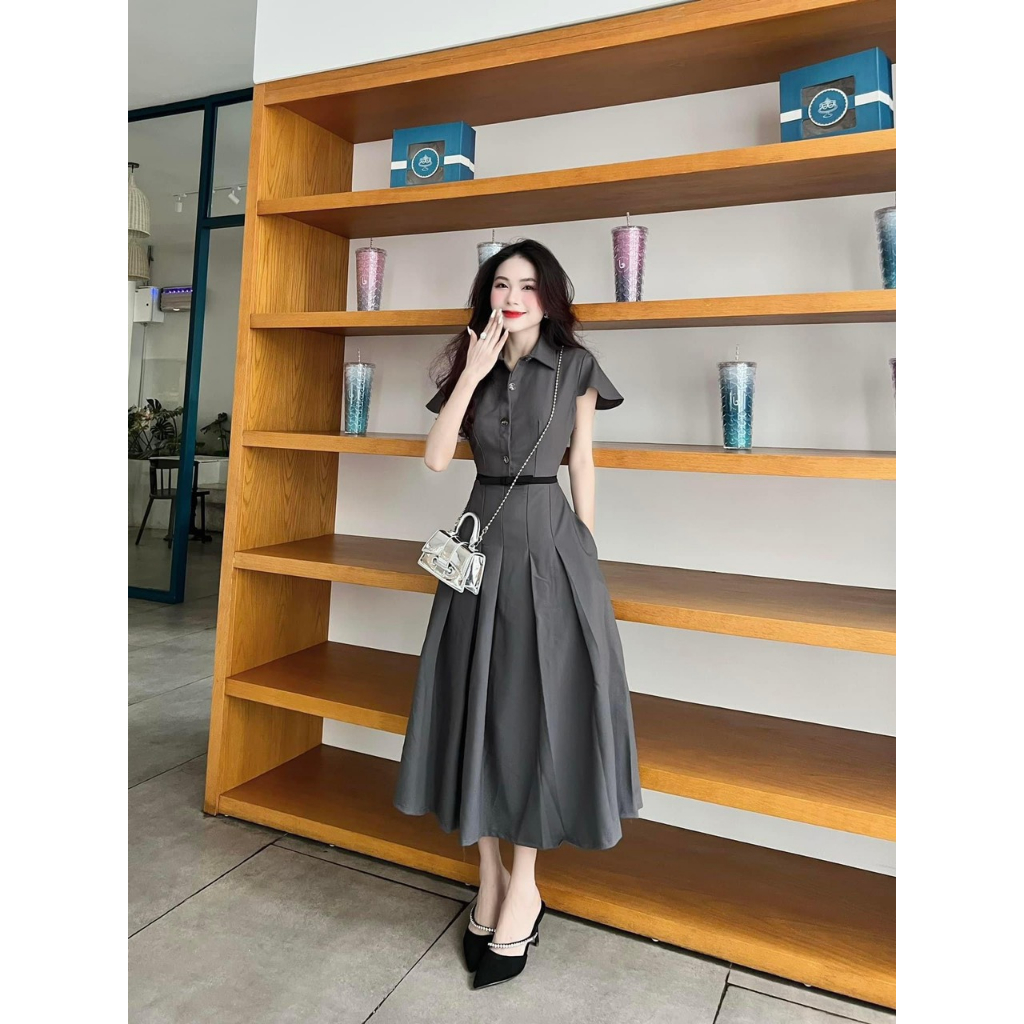 Đầm váy nữ cổ sơ mi cài nút chiết eo dáng dài xếp ly xinh xắn kèm đai nịt tone màu ghi nhẹ nhàng sang chảnh các nàng