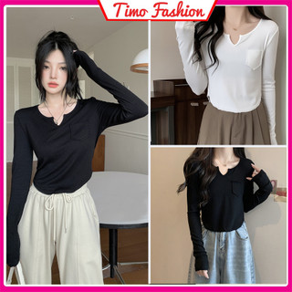 Áo thun body ,Áo kiểu vạt bầu nữ dài tay cổ giọt lệ có túi ngực đuôi tôm,dáng basic tôn dáng TIMO, AOT533