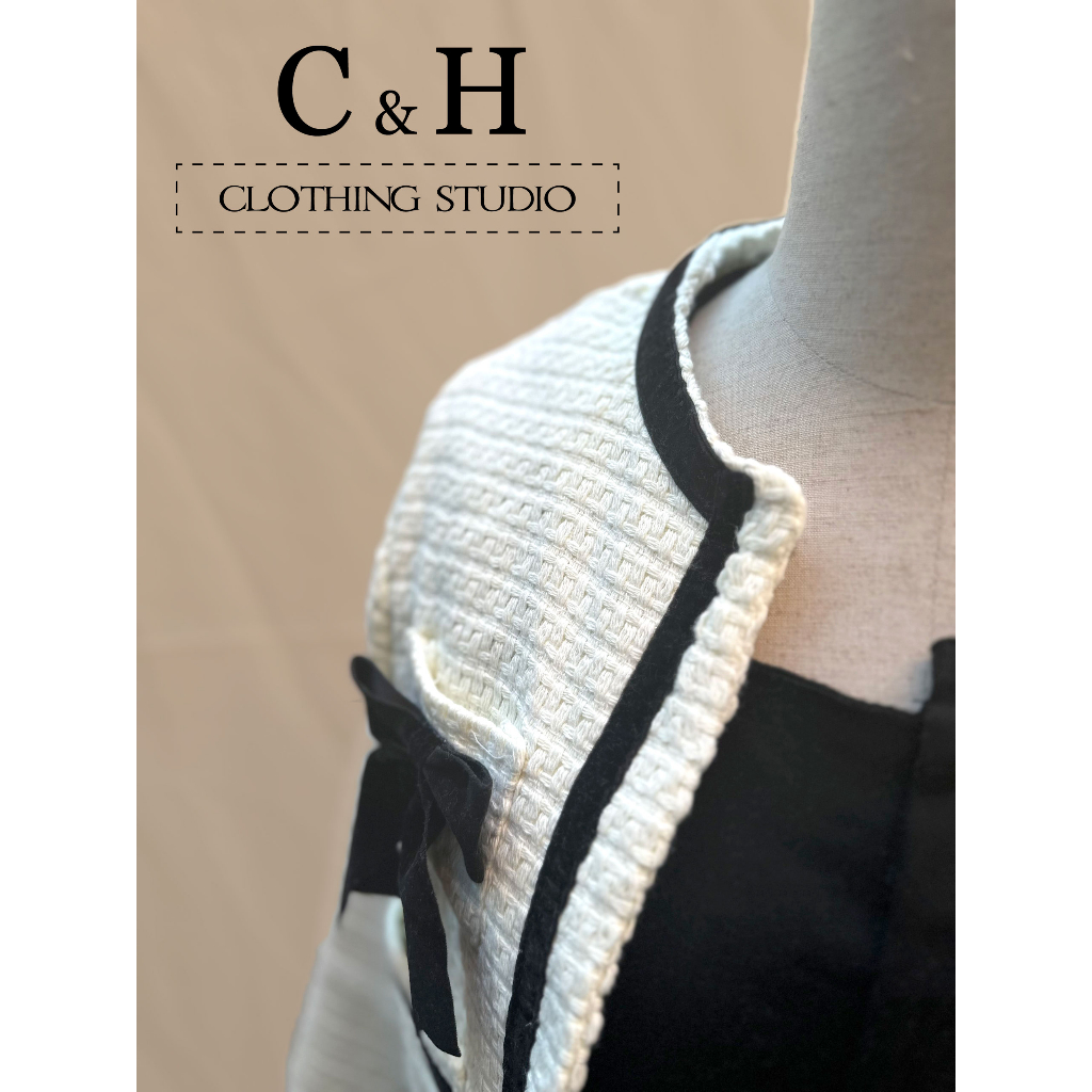 Áo dạ Tweed nữ dài tay tweet dáng lửng phối viền nhung đính nơ ngực C&H Clothing
