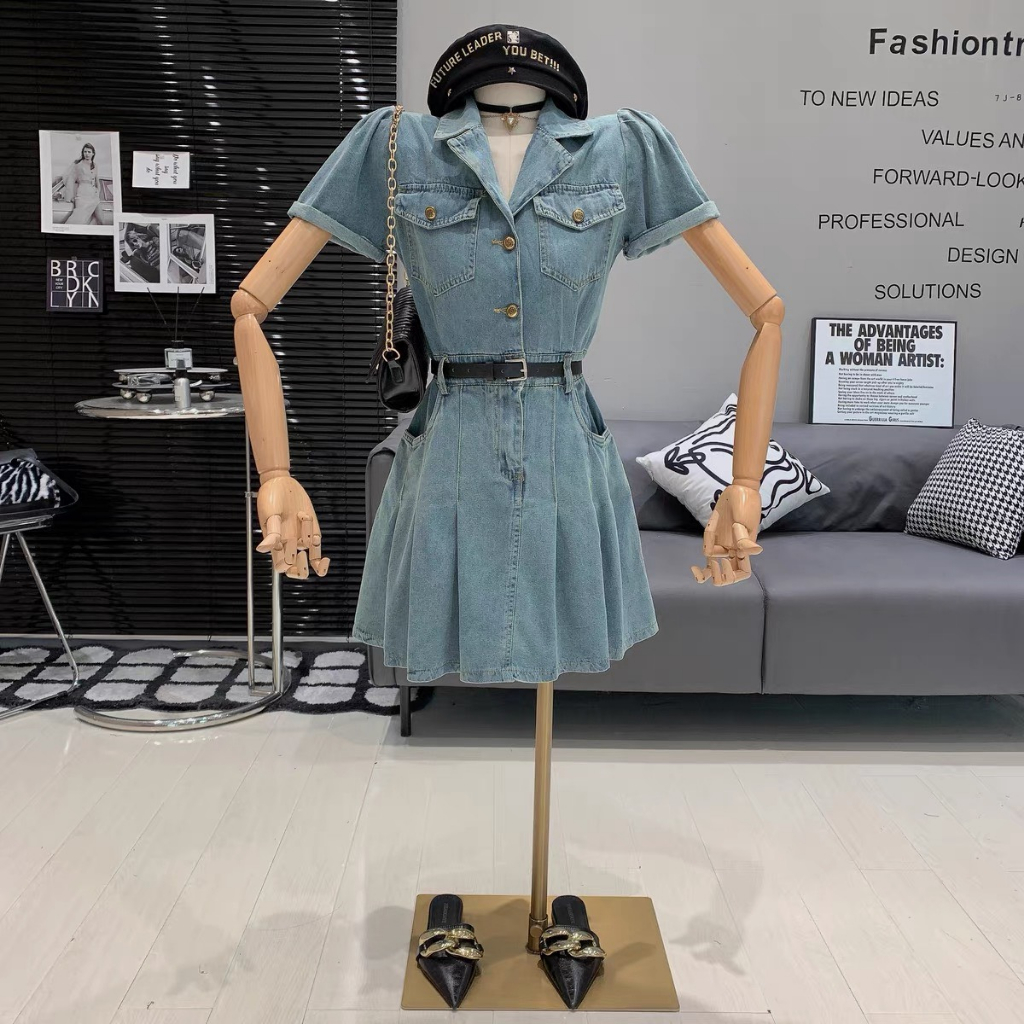 Váy Jean cổ vest xếp ly Tặng Kèm Dây Nịt, váy Jean nữ bò sang chảnh G345 mặc đi chơi siêu xinh hàng Hot Trend