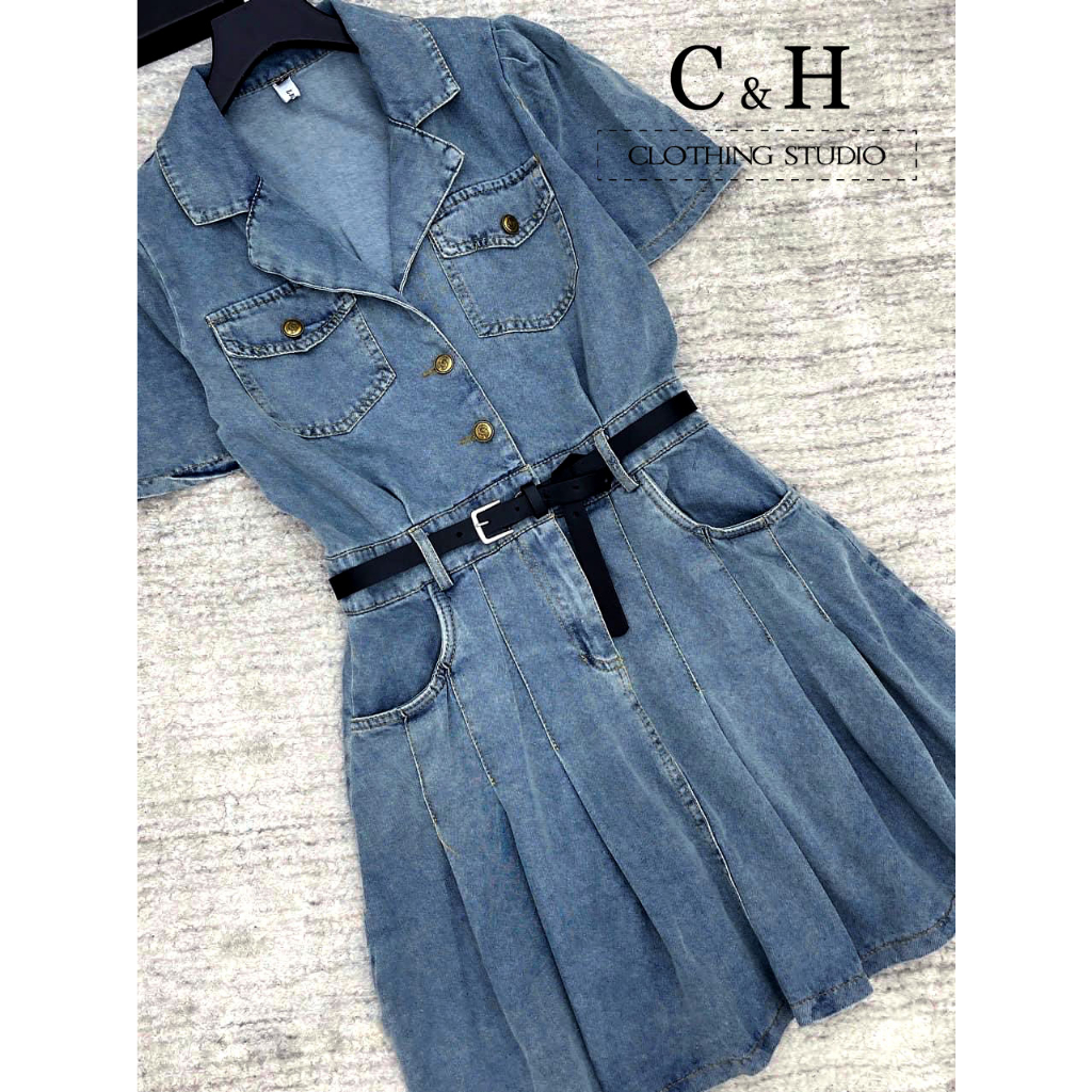 Váy Jean cổ vest xếp ly Tặng Kèm Dây Nịt, váy Jean nữ bò sang chảnh G345 mặc đi chơi siêu xinh hàng Hot Trend