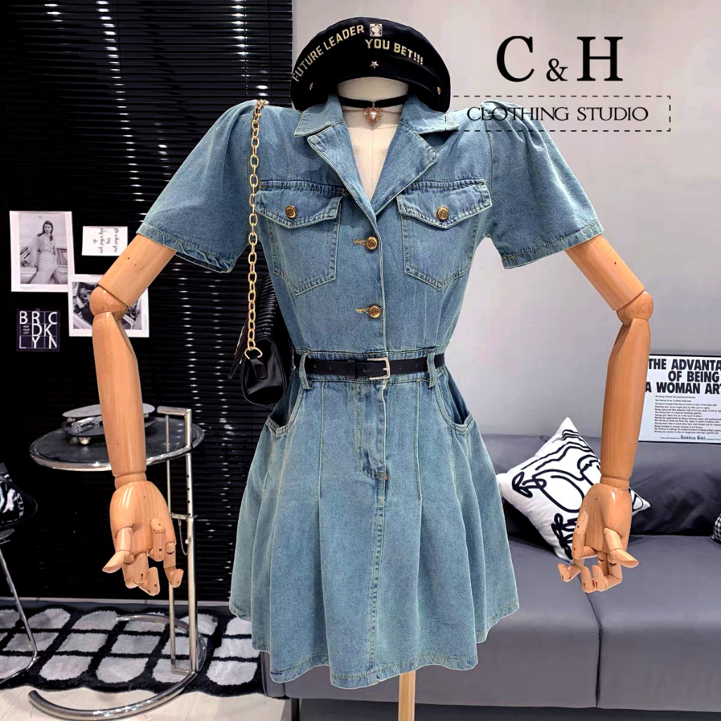 Váy Jean cổ vest xếp ly Tặng Kèm Dây Nịt, váy Jean nữ bò sang chảnh G345 mặc đi chơi siêu xinh hàng Hot Trend