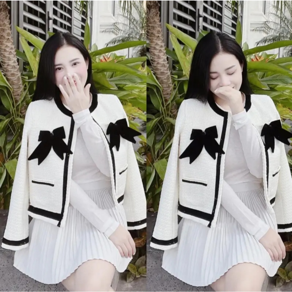 Áo dạ Tweed nữ dài tay tweet dáng lửng phối viền nhung đính nơ ngực C&H Clothing