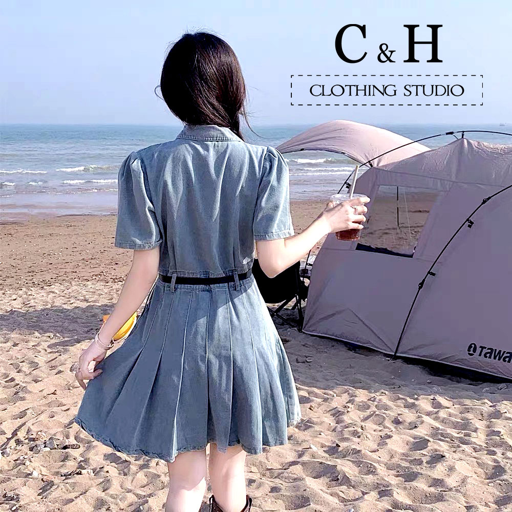 Váy Jean cổ vest xếp ly Tặng Kèm Dây Nịt, váy Jean nữ bò sang chảnh G345 mặc đi chơi siêu xinh hàng Hot Trend